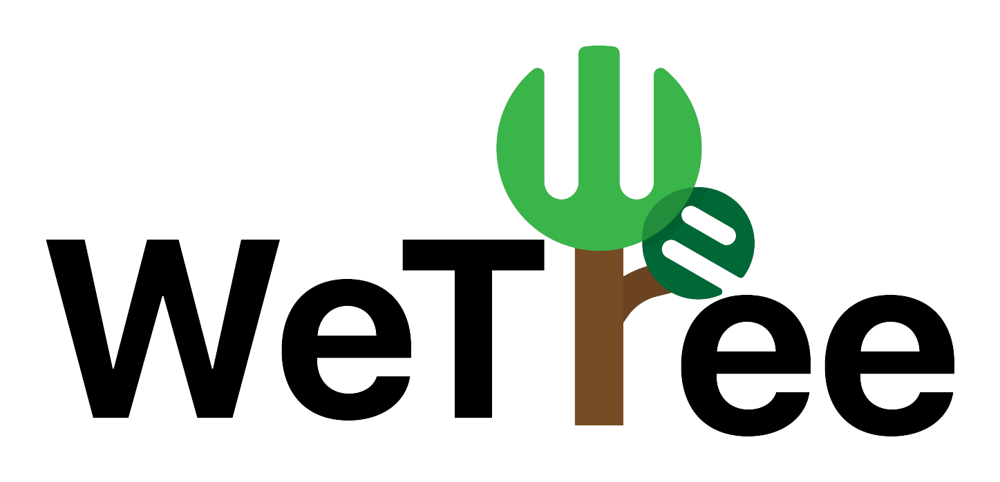 The WeTree logo: the wordmark WeTree in heavy black type, where the letter r is replaced by a green tree with a three pronged canopy on a brown trunk, with a dark green leaf tucked into its right side