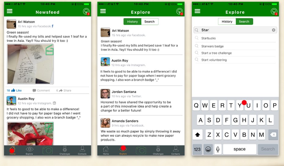 Three WeTree screens: the Newsfeed with posts from Ari Watson and Austin Roy including photos, likes, comments and shares, the Explore History tab listing past posts, and the Explore Search tab with the query Star returning Starbucks, Starwars badge, Start a tree challenge and Start volunteering
