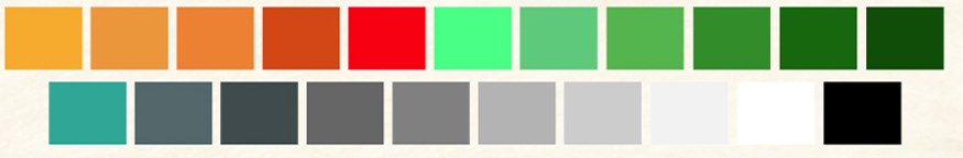 The WeTree colour palette: a top row running from marigold through orange and red into five greens, and a bottom row of teal, slate and greys down to black and white