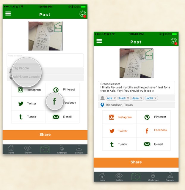 Two WeTree Post screens: the photographed receipt with a reuse tag, an empty caption field with Tag People and Add Share Location rows and a grid of Instagram, Pinterest, Twitter, Facebook, Tumblr and E-mail targets, then the same screen filled in with a caption, four tagged friends and a location