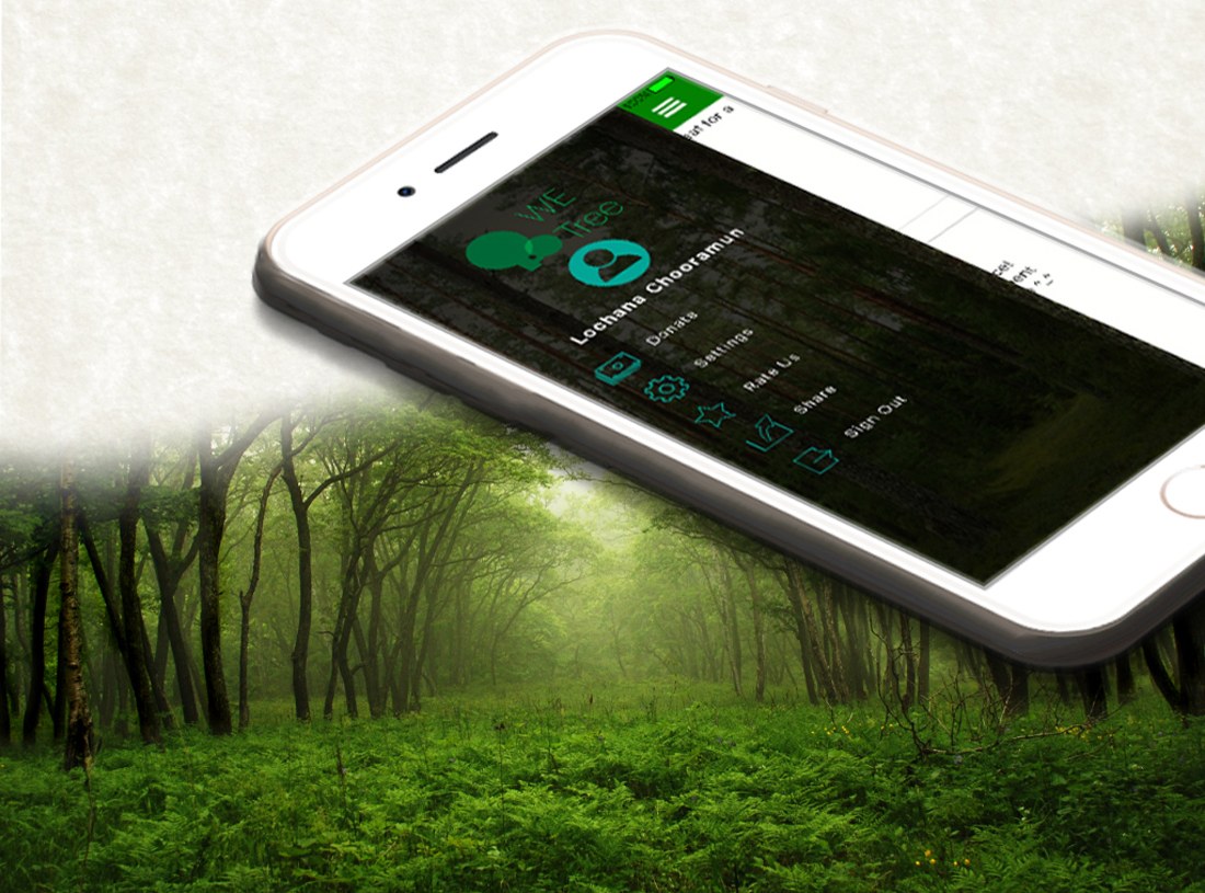 A forest photograph with a phone showing the WeTree profile slide out menu: the WE Tree logo, an avatar, the name Lochana Chooramun, and rows for Donate, Settings, Rate Us, Share and Sign Out