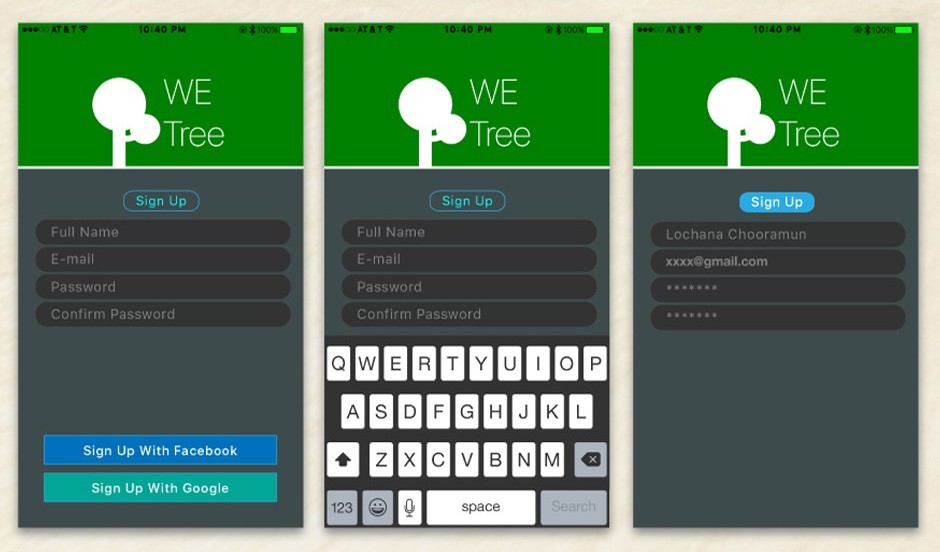 The WeTree sign up flow across three screens: an empty form with Full Name, E-mail, Password and Confirm Password above Sign Up With Facebook and Sign Up With Google buttons, the same form with the keyboard open, and the completed form